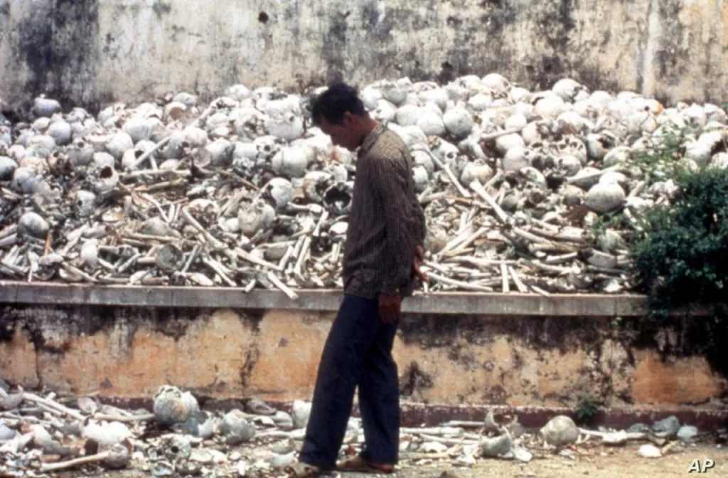 Unearthed human bones and skulls from the Cambodia killing fields
