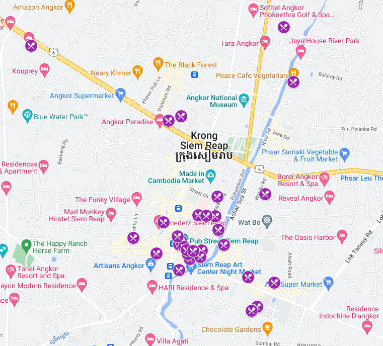 Map of "Where to eat in Siem Reap" restaurants by Walkaboutmonkey.com